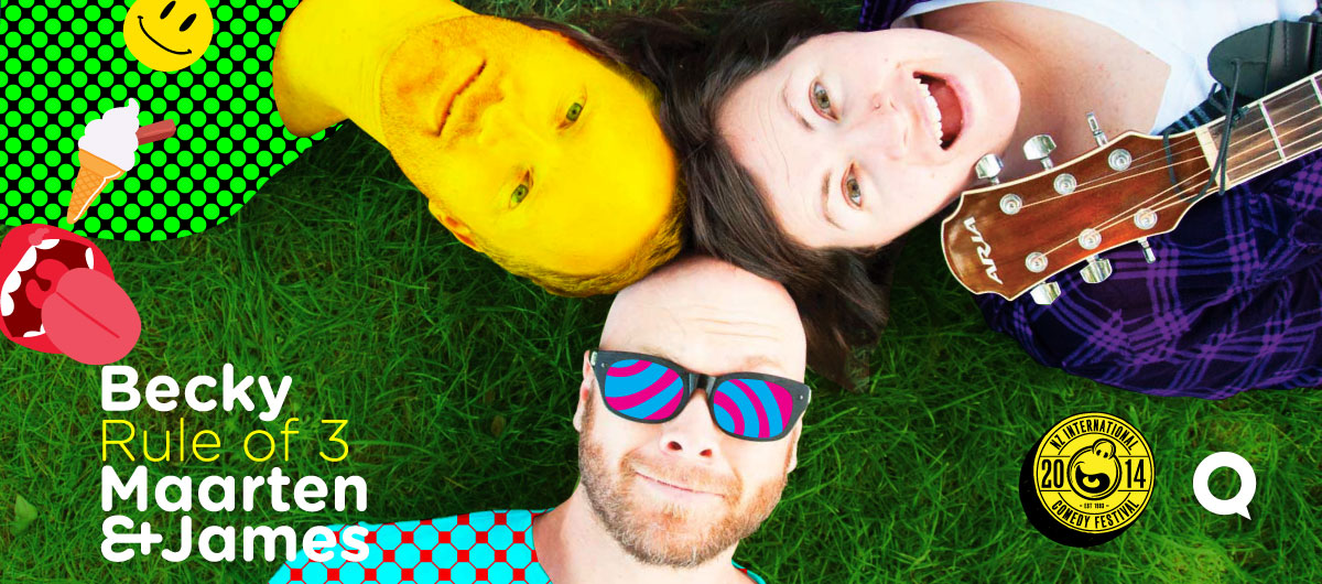 Rule of Three photo with Becky Crouch, Maarten Idema, and James Stewart laying in the grass